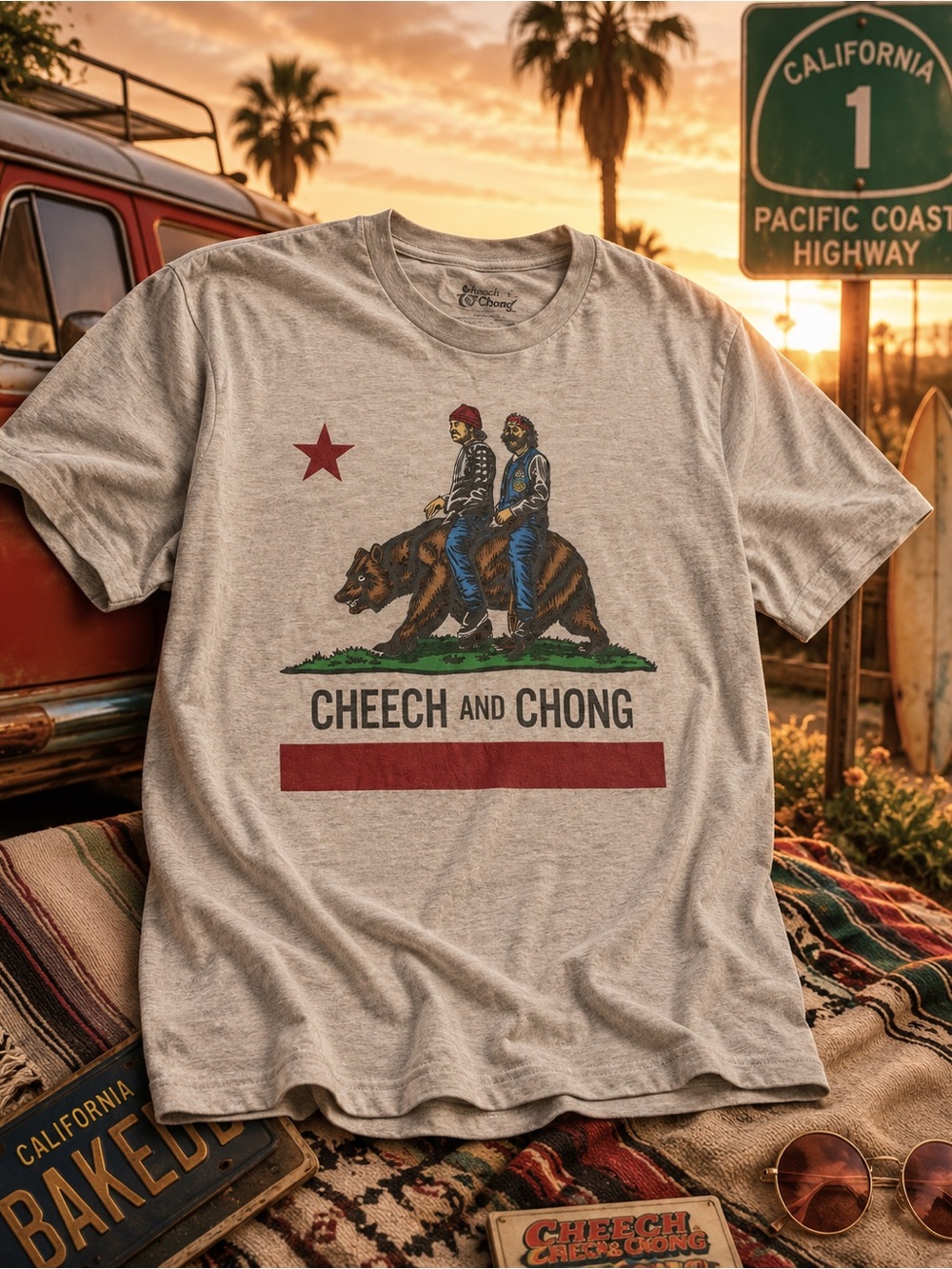 Cheech & Chong California Bear Graphic Tee Gray Sz L